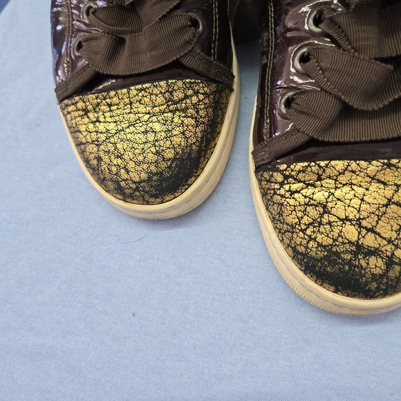 LANVIN PARIS Leather Patent Sneakers Brown/Gold Crackel EU 38/US 7 - Picture 4 of 16